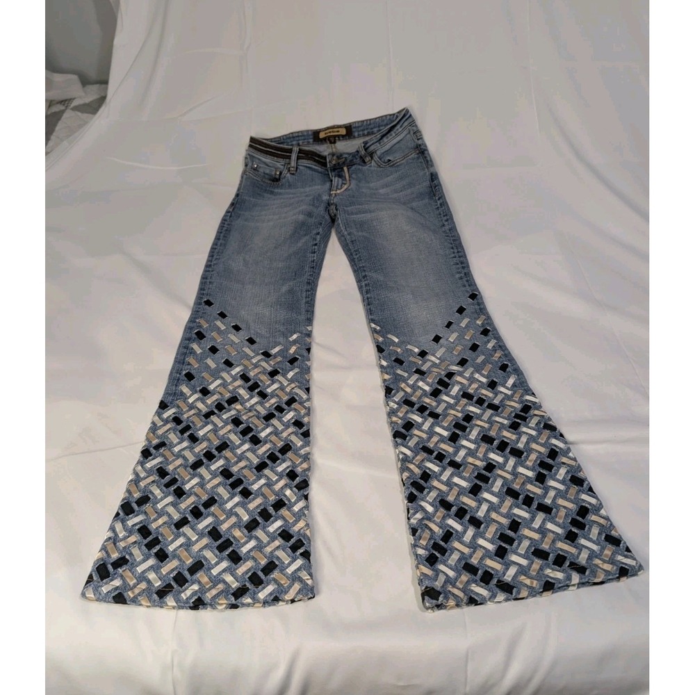 Vntg 90's BEBE Flare Ribbon Braided Jeans Size 28 Blue Low Rise Y2K Boho Festiva